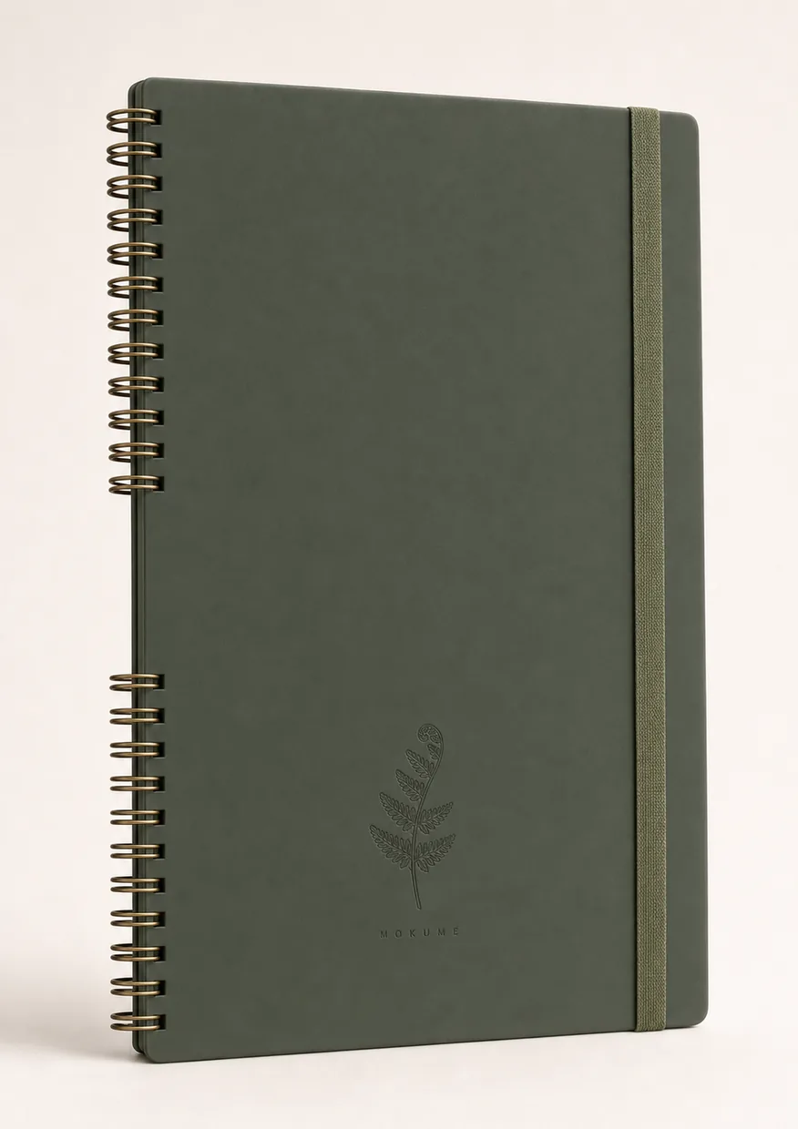 Mokume notebook — Forest Moss edition, deep green soft-touch cover with fern frond blind emboss