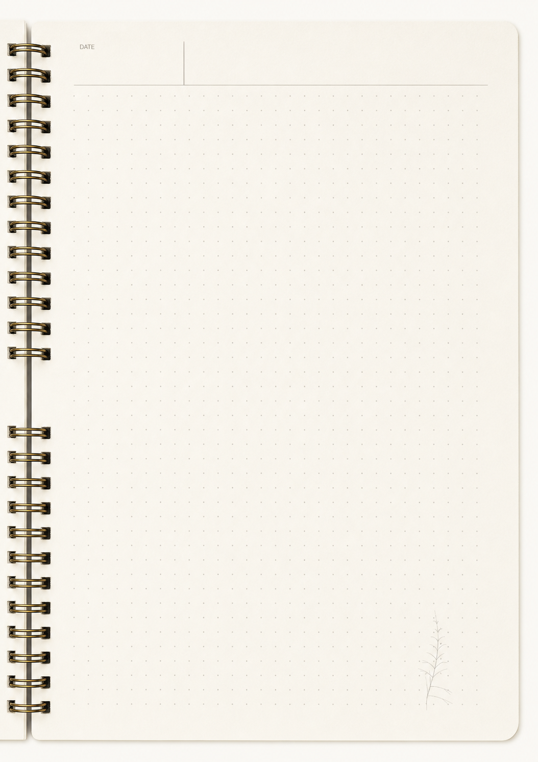 Mokume notebook interior — warm grey dot grid, date header, vertical hairline rule