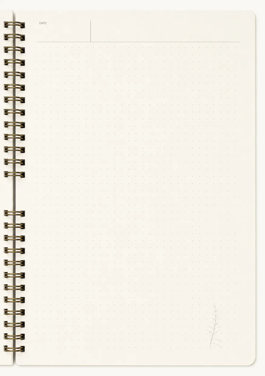 Mokume notebook interior — warm grey dot grid, date header, vertical hairline rule